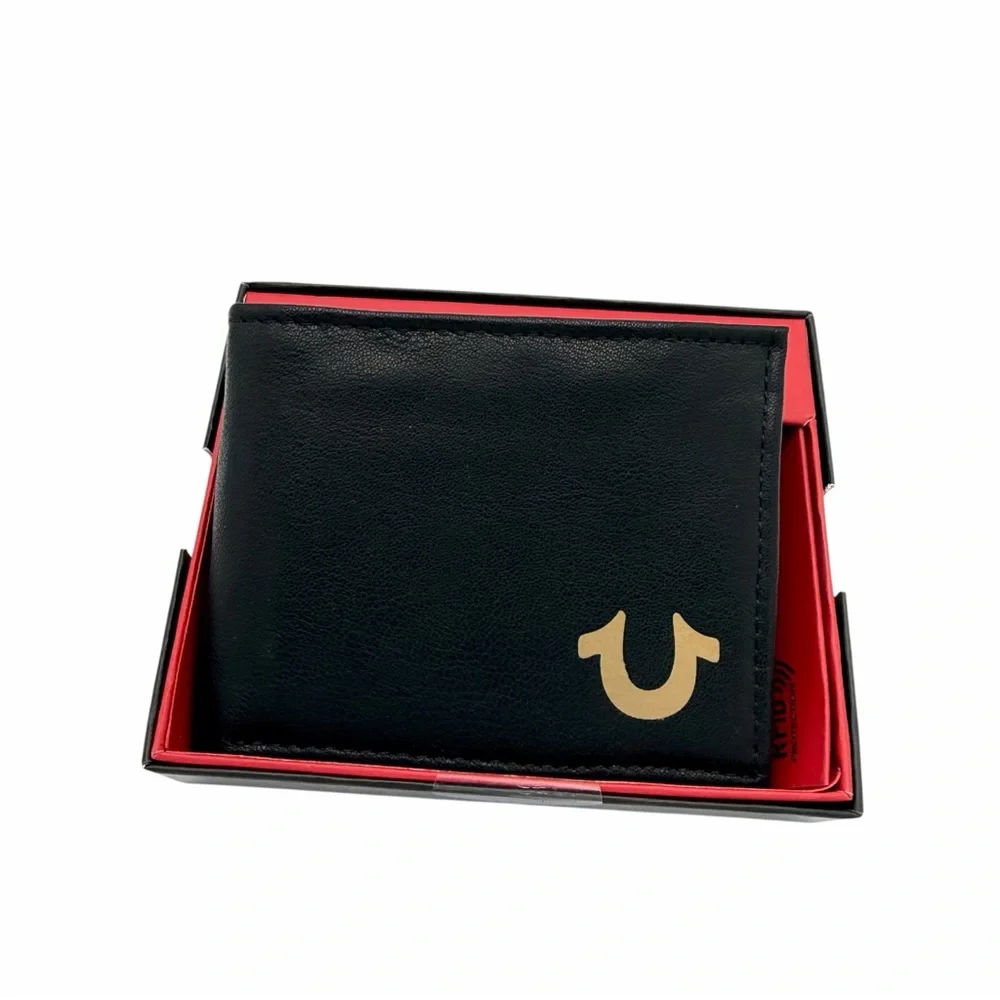 True Religion Black Leather Bifold Wallet Flip Slot New RFID